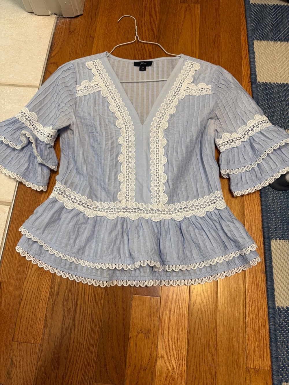 J. Crew Light Blue Striped Lace-Trim Peplum Blouse